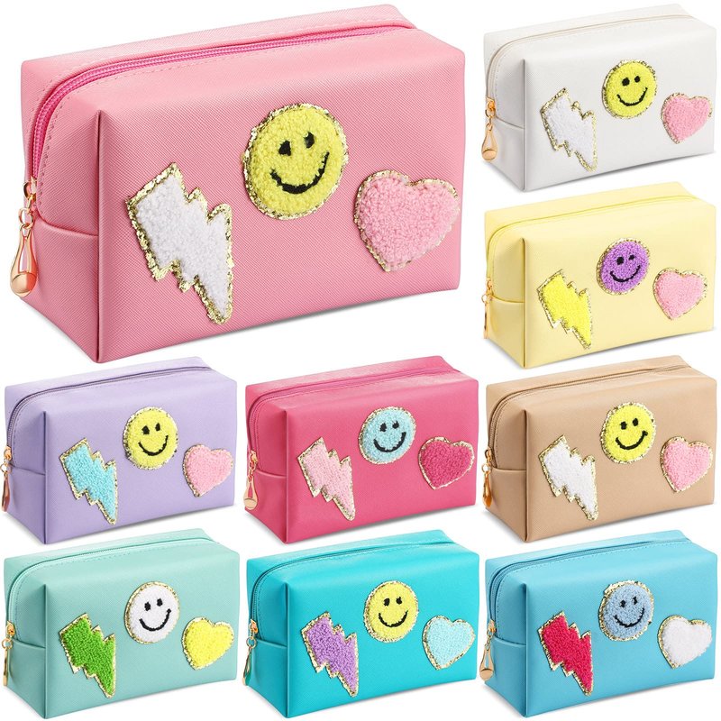 Chunful 9 Pcs Preppy Makeup Bag PU Leather Cosmetic Bag Bulk Makeup Plain Pouch Waterproof Toiletry Purse for Women Traveling Pencil Case Girl's Gift(Multicolor, Smile, Lightning, Heart)