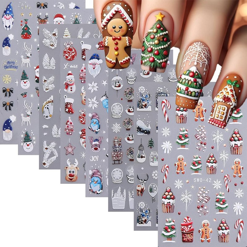 5D Embossed Christmas Nail Art Stickers - Gingerbread, Elk & Santa Designs | 8 Sheets for Holiday DIY Manicure