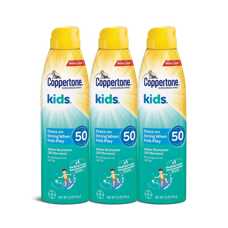 Coppertone Kids Sunscreen Spray SPF 50, Water Resistant Spray Sunscreen for Kids, Free From Oxybenzone, Octinoxate, PABA and Dyes, Pediatrician Recommended Sunblock, 5.5 Oz Can, Pack of 3