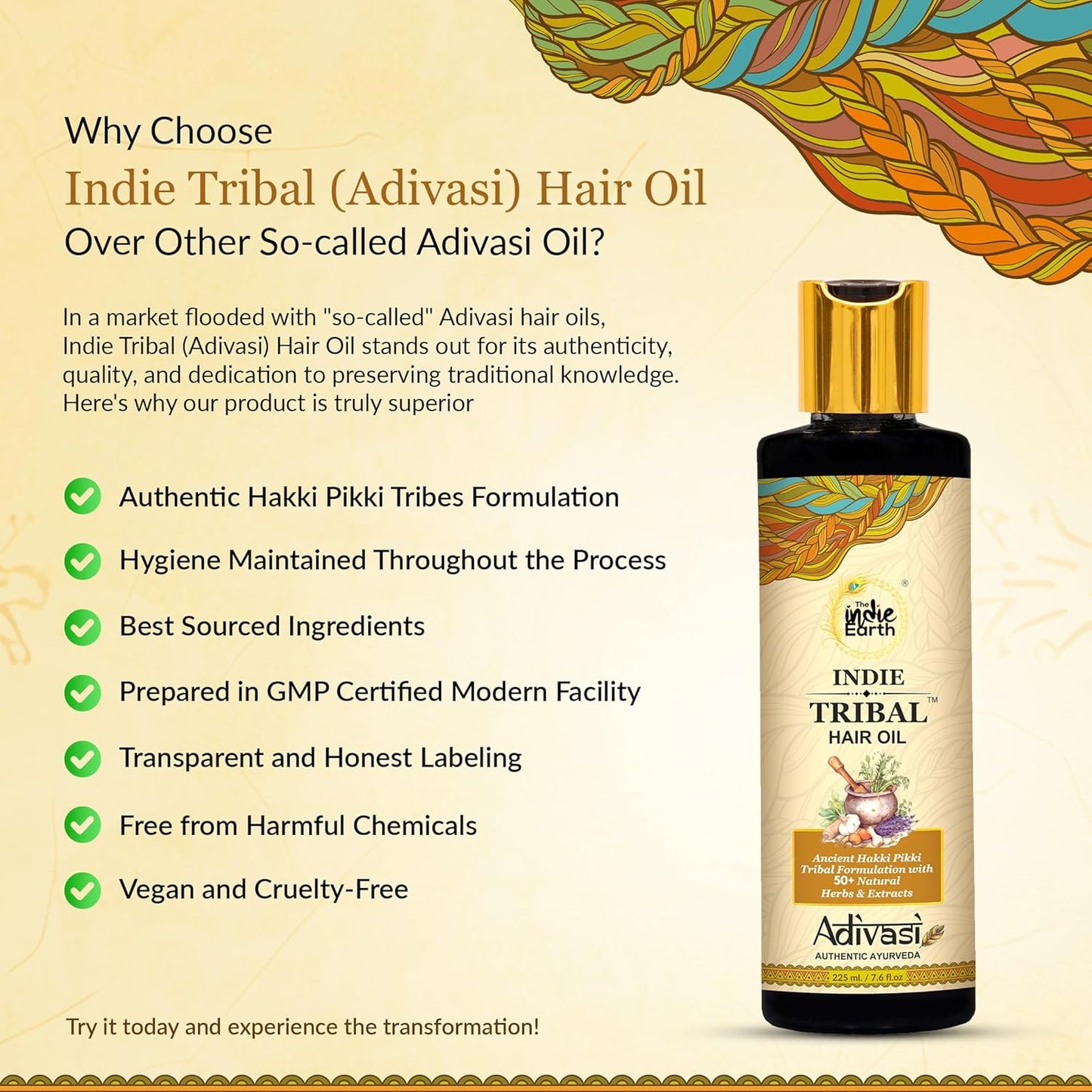 Indie Earth Tribal Adivasi Hair Oil - 50+ Natural Ingredients for Healthy Hair | Moringa, Bhringraj, Hibiscus & More