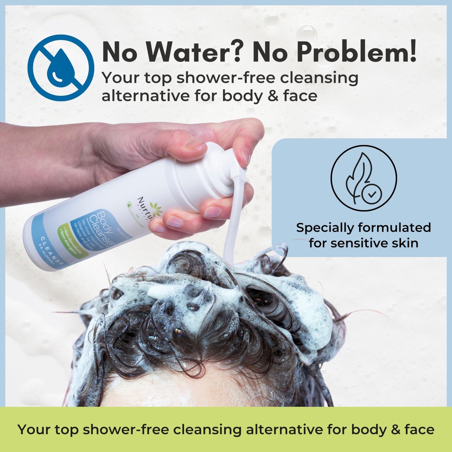 Nurture Rinse Free Waterless Foaming Cleanser for Women, Camping, Elderly & Hospital Care | No Rinse Body Wash with Aloe for Sensitive Dry Skin | Moisturizing & Gentle Cleanser