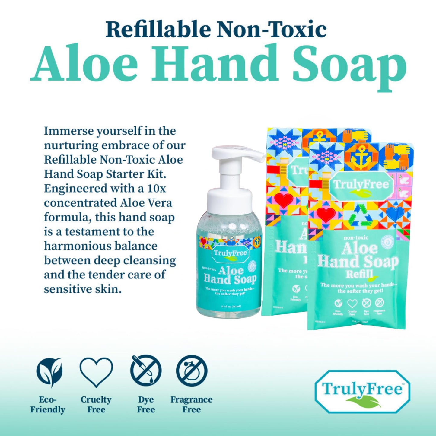 Truly Free Aloe Unscented Hand Soap - 10x Concentrated Aloe Vera, Non-Drying Gentle Cleanser - Bathroom Hand Soap - 1 Empty Bottle with Foaming Dispenser Pump + 2 Moisturizing Hand Soap Refill Pouches