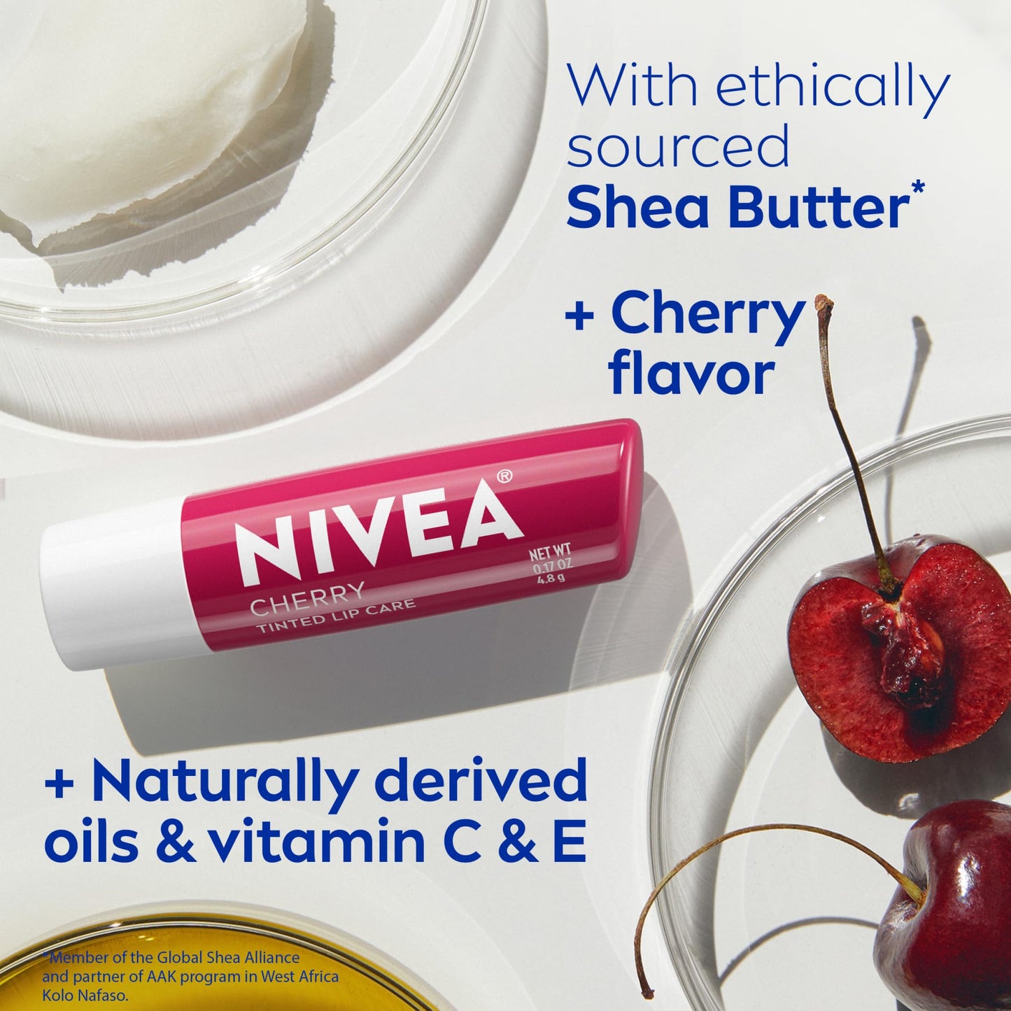 NIVEA Cherry Lip Care, Ruby Tinted Lip Balm Pack with Shea Butter, Nourishing Oils and Vitamin C & E, 3-in-1 Moisture, Repair and Color, 0.17 Oz Stick, Pack of 4
