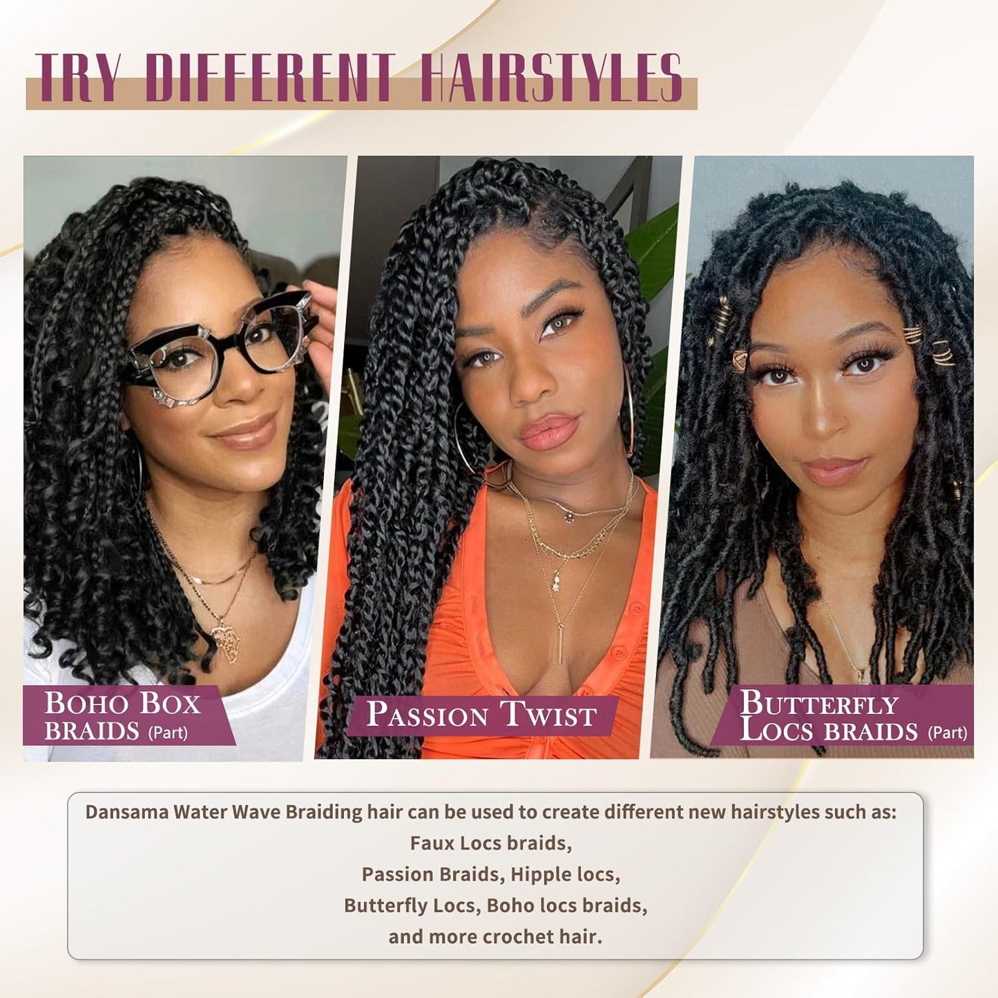 Passion Twist Hair - Water Wave Braiding Extensions for Butterfly Style Crochet Braids | 24 Inch, #1B (7 Packs)
