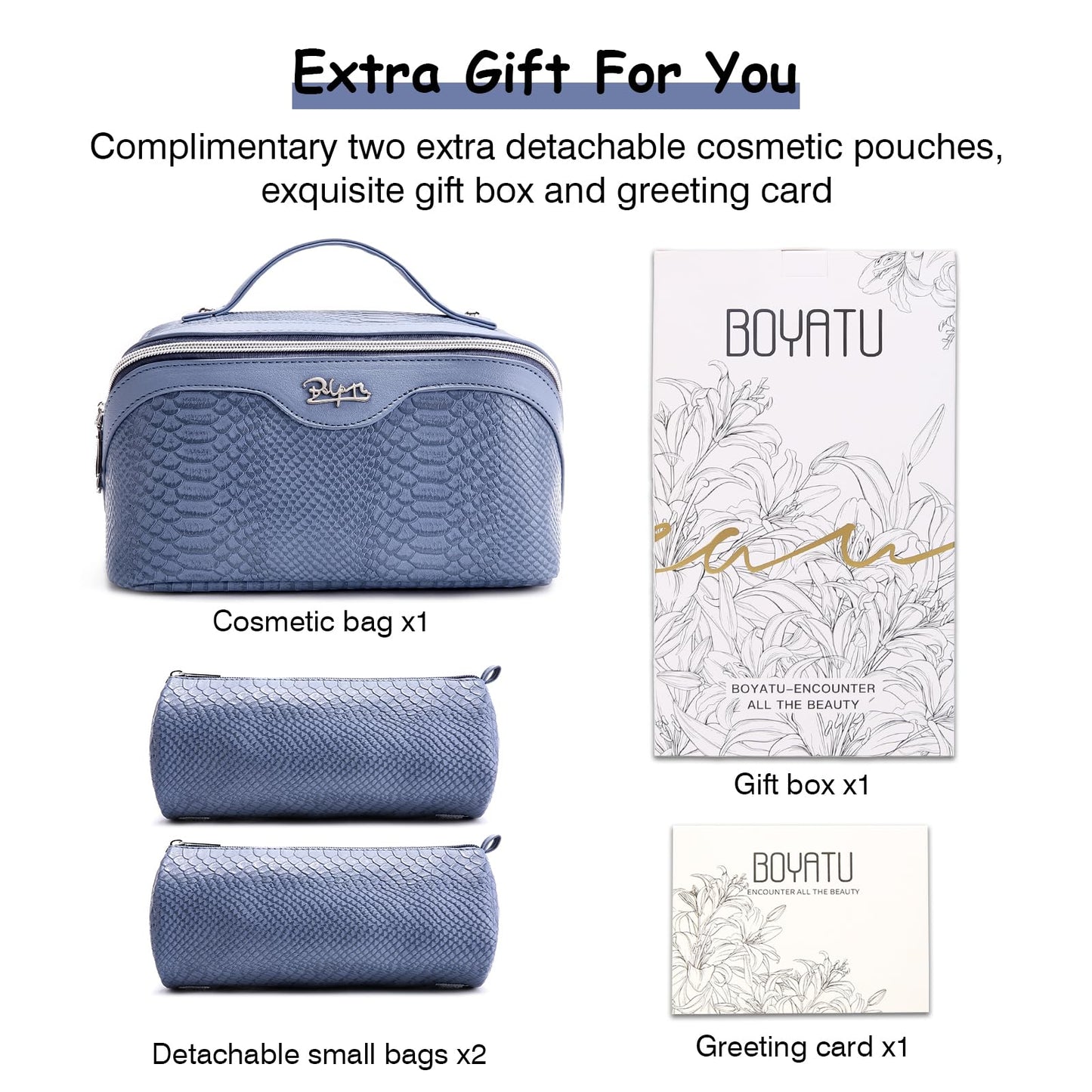 BOYATU Travel Makeup Bags for Women: 3 Pcs Set Wide Open Cosmetic Bag - Portable Make up Bags with Handle - Vegan Leather Toiletry Organizer Bag with Divider (G-05-Blue)