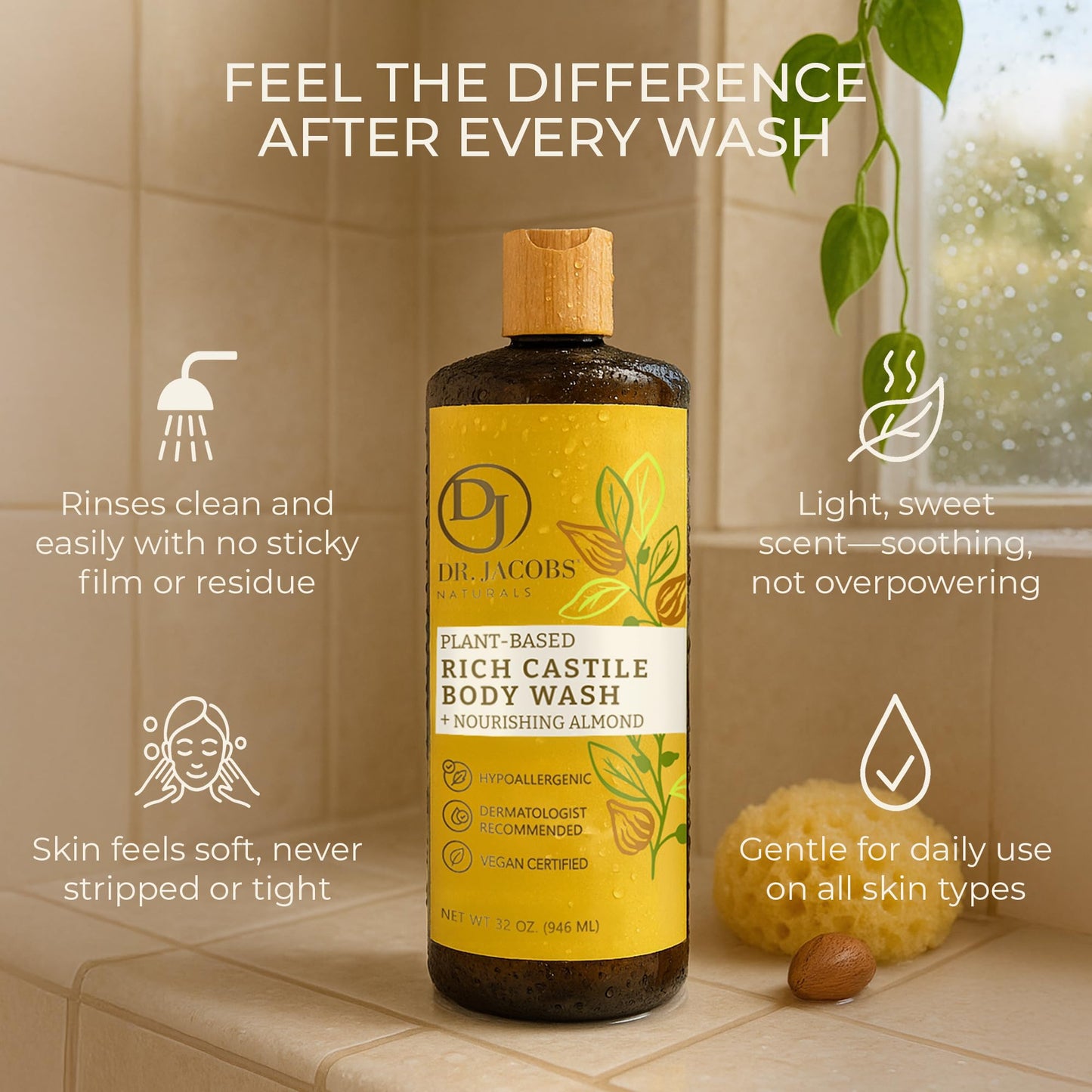 Dr. Jacobs Naturals Pure Castile Soap Liquid Body Wash, Almond - Plant Based Castile Soap Infused with Vitamin E and Aloe Vera to Moisturize Dry and Sensitive Skin - Made in The USA - 32 oz, Pack of 2
