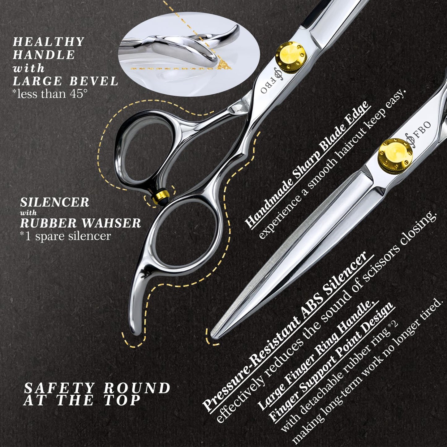 FBO Pro Hair Scissors 6.5" - 440C Steel, Precision Blades, Sharp Durable & Smooth Cutting, for All Hair Types, Home & Salon Use (Golden)