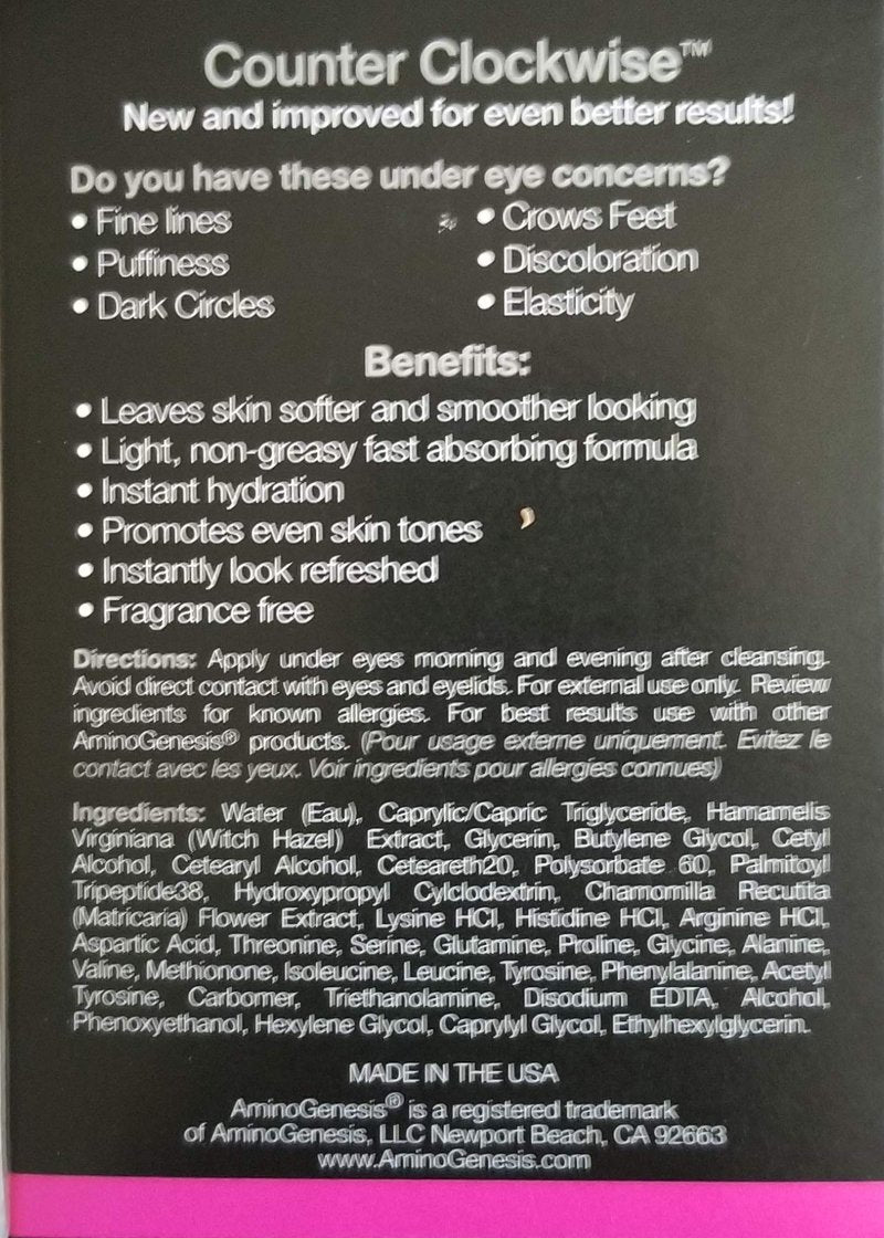 AminoGenesis Counter Clockwise 5 oz Dark Circle and Wrinkle Eye Cream, Day and Night Firming Eye Treatment, Eye Contour For Sensitive, Puffy Eyes and Eye Bags