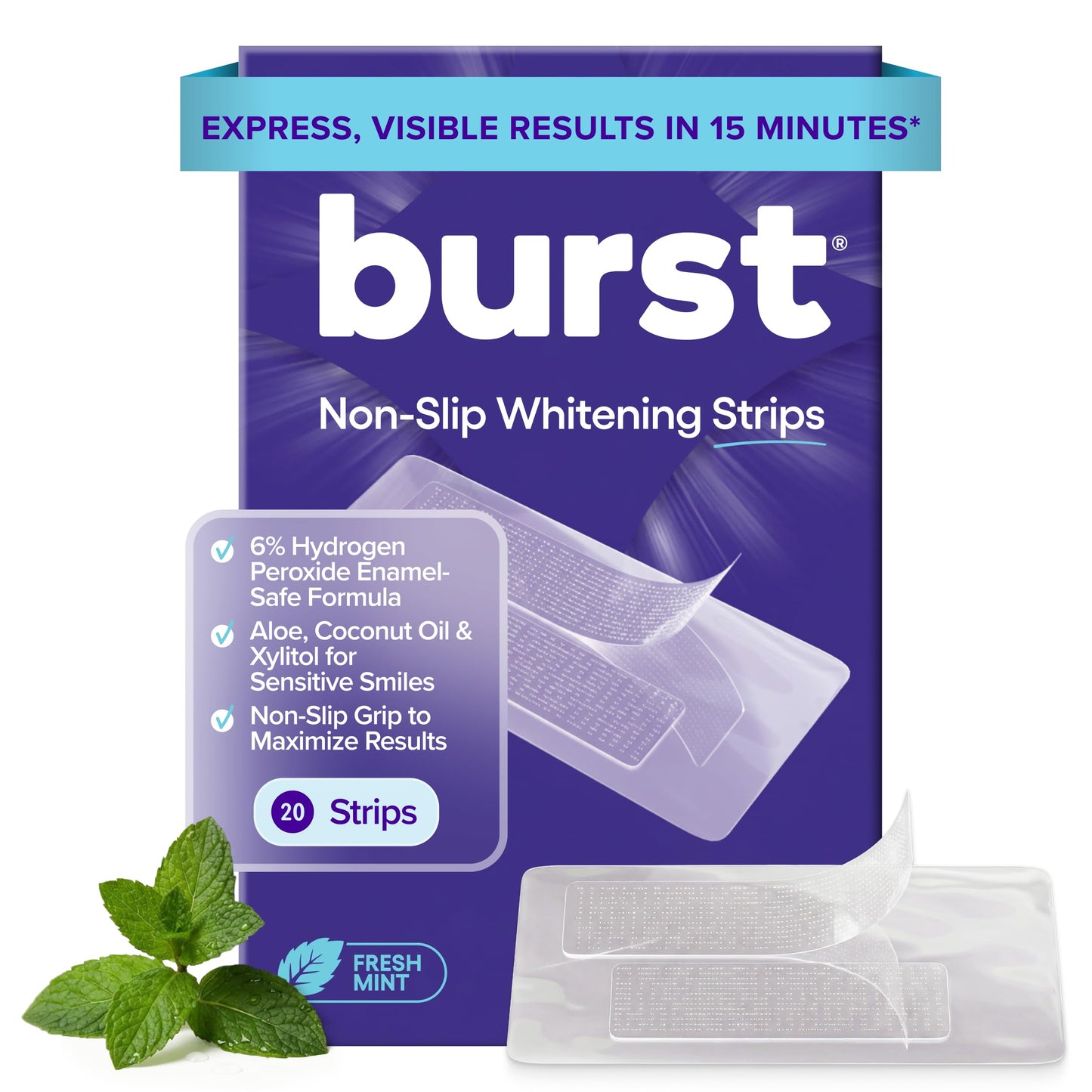 BURST Sensitive Teeth Whitening Strips (Mint) | 20 Strips/10 Treatments – Each with 1 Upper/1 Lower | Visible Results in 15 Minutes | No-Slip Grip | Enamel-Safe Whitening Kit