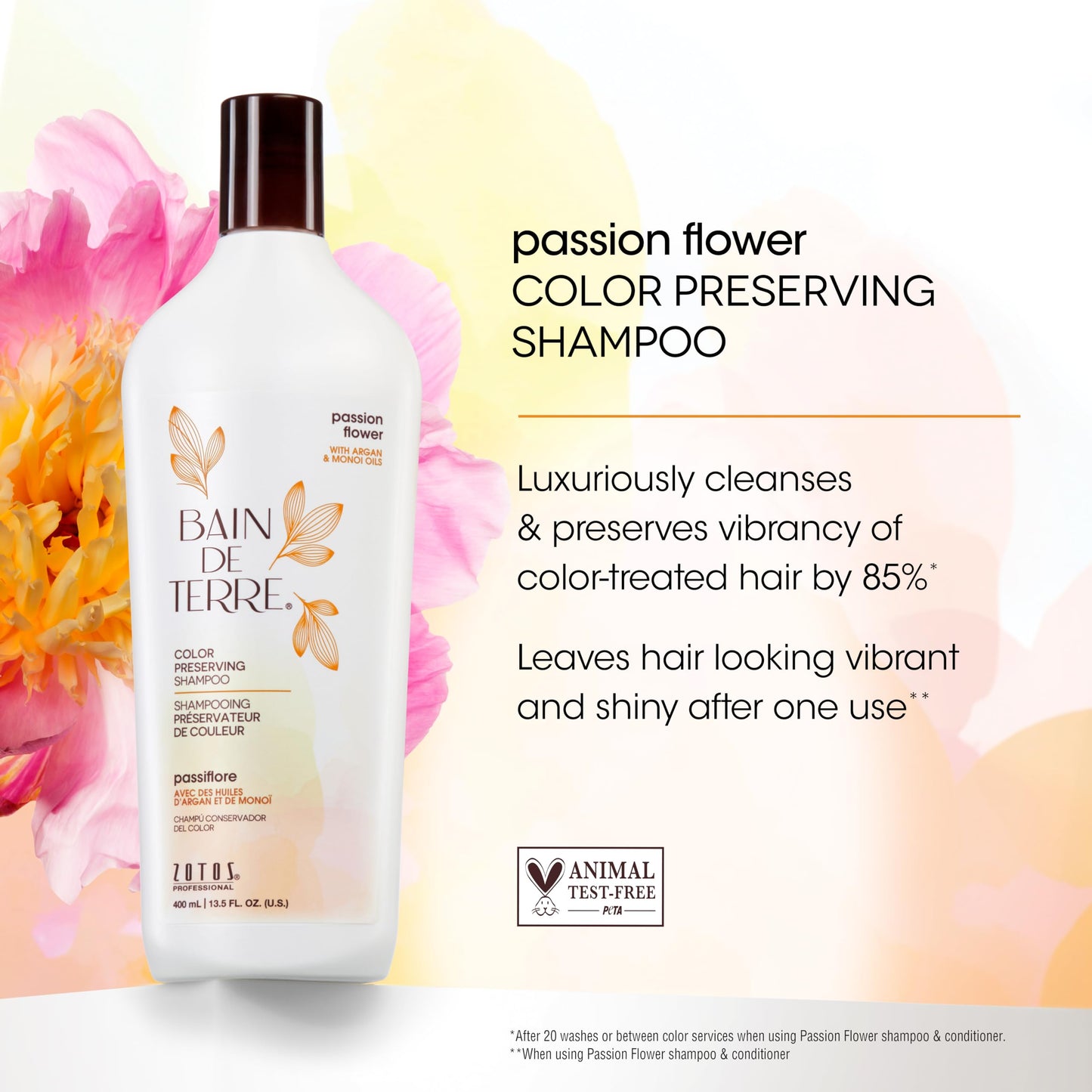 Bain de Terre Passion Flower Color Preserving Shampoo, for Vibrant Color & Protection from Fading, with Argan & Monoi Oils, Paraben-free, Vegan, 33.8 Fl Oz