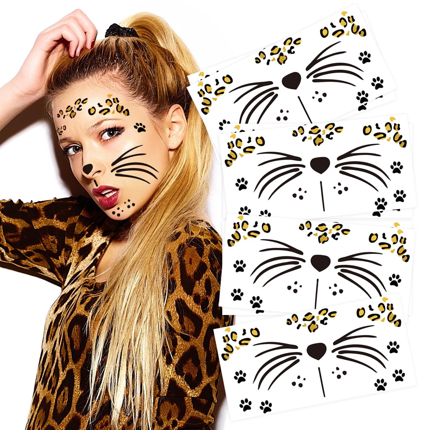 Leopard Face Temporary Tattoos, 7-Sheet Leopard Face Halloween Fake Tattoos for Kids and Adults - Perfect for Parties, Festivals, and Costumes
