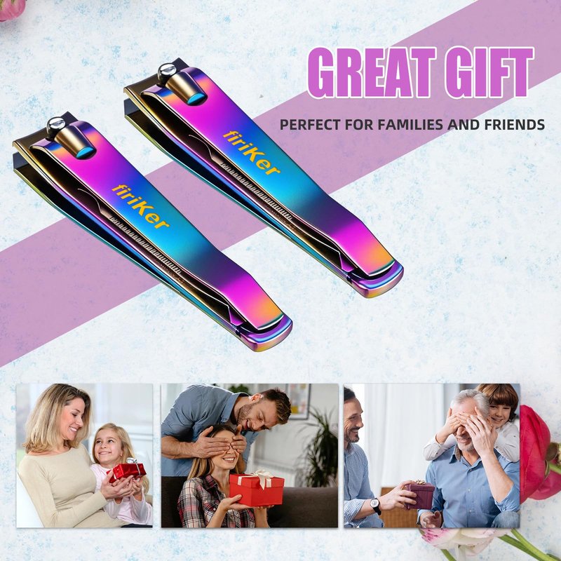 firiKer 2PCS Stainless Steel Nail Clippers,Rainbow Fingernail Clipper and Toenail Clipper, Wide Easy Press Lever Nail Cutter with Swing Out Nail Cleaner/File for Men and Women