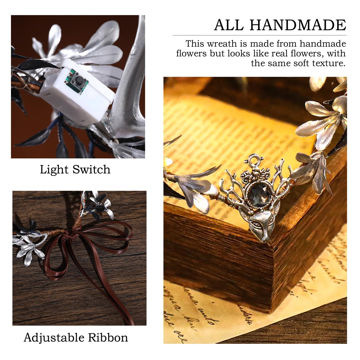 MOSTORY Light up Fairy Crown - Silver Antler Crown Flower Heapiece Elf Floral Circlet Woodland Headband for Women Halloween Outfit Renaissance Ren Faire Cosplay Photo Shoot