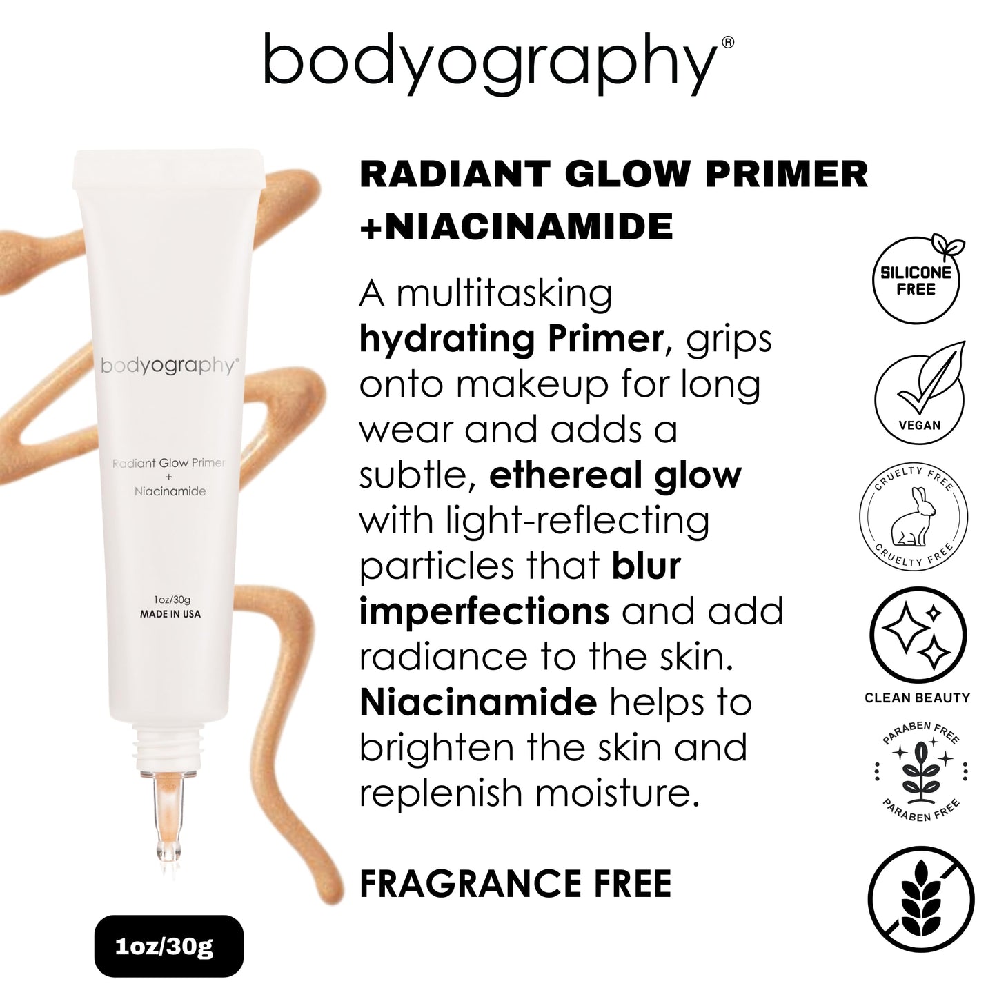 Bodyography Radiant Glow Primer + Niacinamide | Hydrating Makeup Primer with Light-Reflecting Pearls & Hyaluronic Acid | Silicone-Free Face Primer for a Long-Lasting Base
