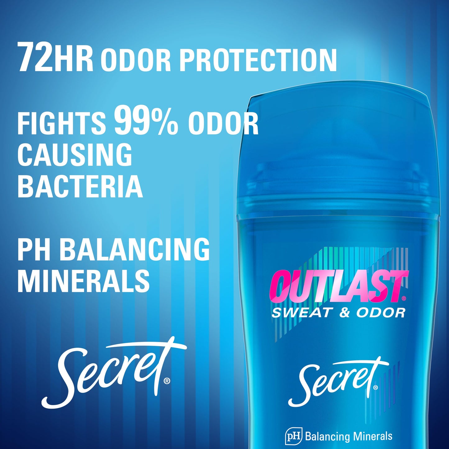 Secret Outlast Antiperspirant Deodorant for Women, 72hr Sweat & Odor Protection, PH Balancing Minerals, Invisible Solid, Completely Clean Scent, 2.6 oz