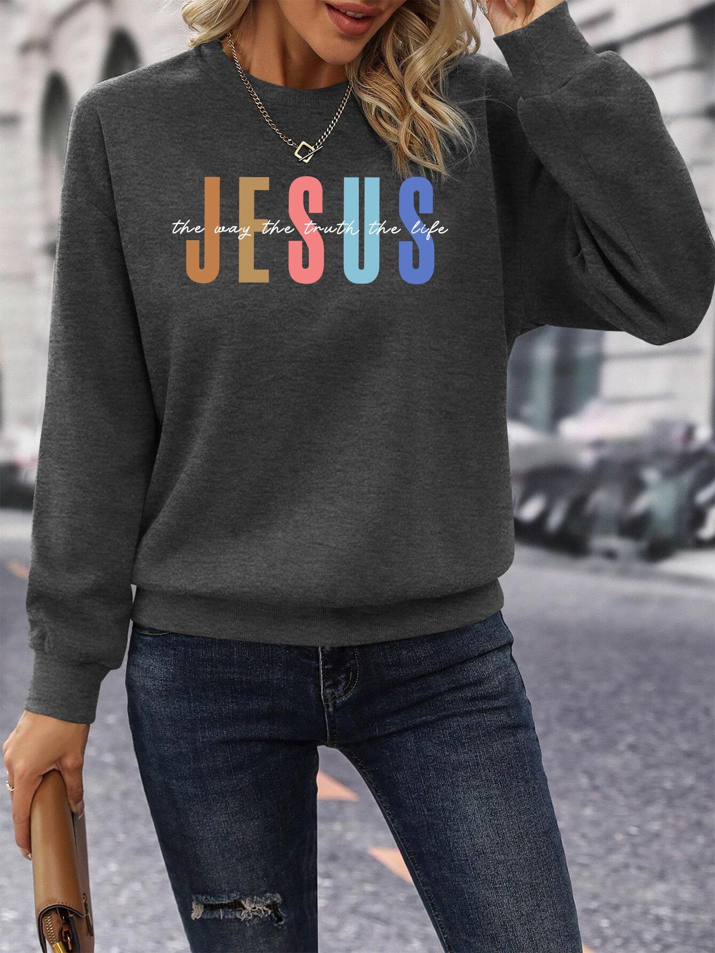 PICKID Jesus Sweatshirt Women Christian Sweatshirts Jesus Faith Sweater Bible Verse Top Religious Gift Pullover Top Grey