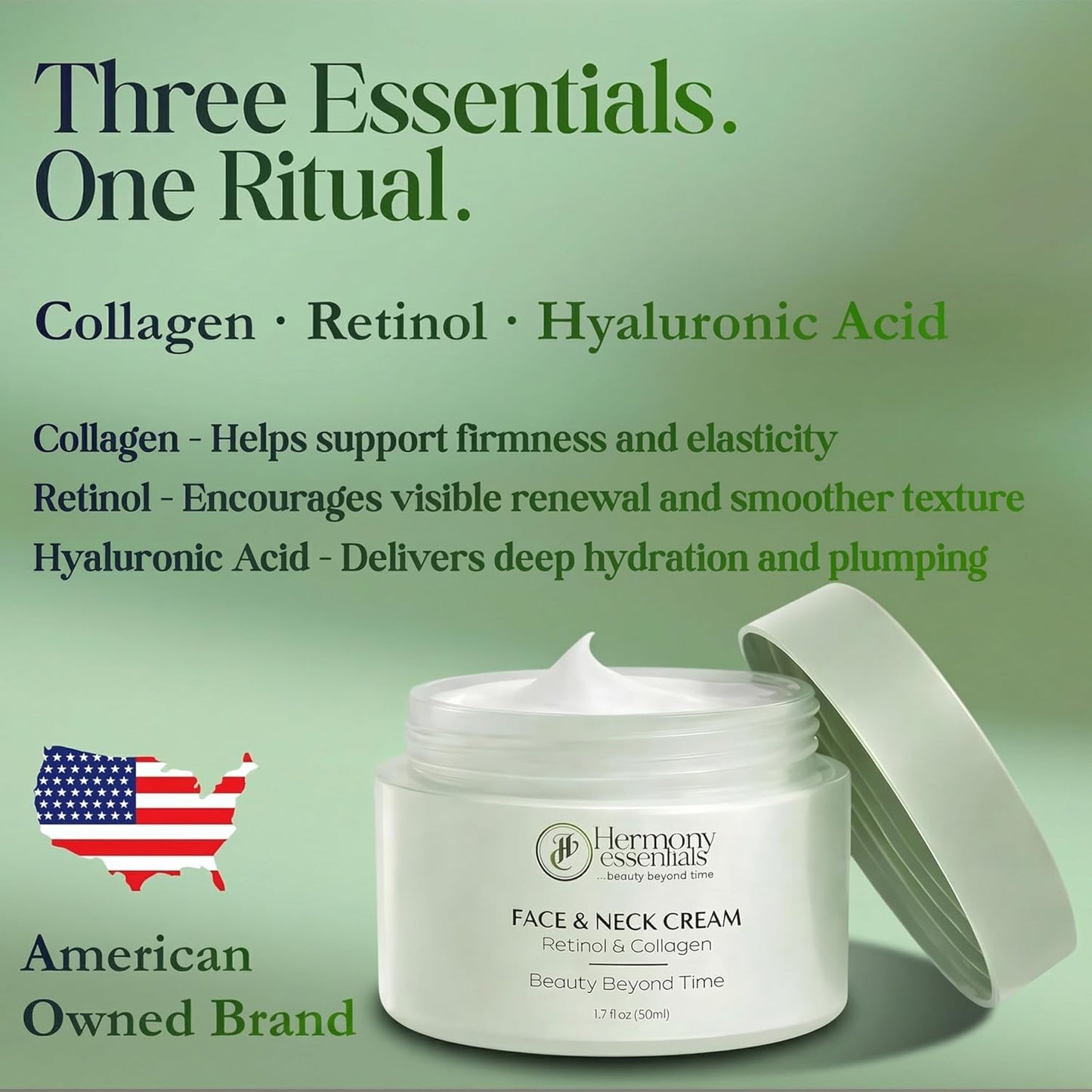 Collagen Retinol Hyaluronic Acid Cream - Anti-Aging Daily Moisturizer for Face & Neck | Lightweight, Fast-Absorbing, 1.7 fl oz