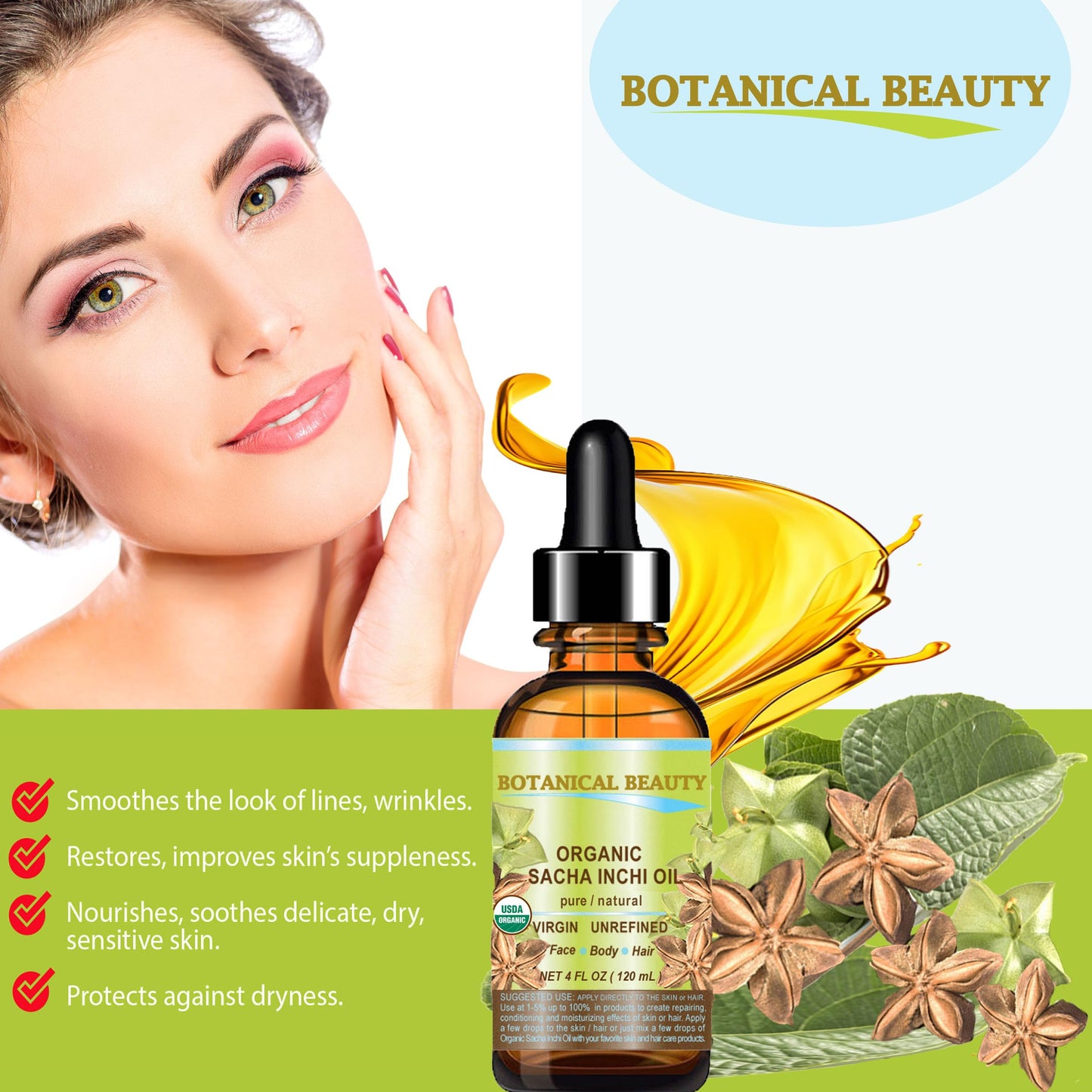 Botanical Beauty Organic SACHA INCHI OIL 100% Natural Pure Undiluted Virgin Unrefined Cold Pressed Carrier Certified Organic Oil For Face, Skin, Hair, Lip, Nails, Rich in Vitamin E (2 Fl Oz 60 ml)