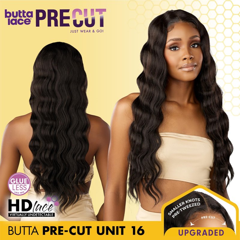 Sensationnel Butta Lace Precut Wigs - Unit 16 Glueless Extra Wide 5 Inch Deep Parting Synthetic Pre Tweezed Smaller Knot Hairline (1 JETBLACK)