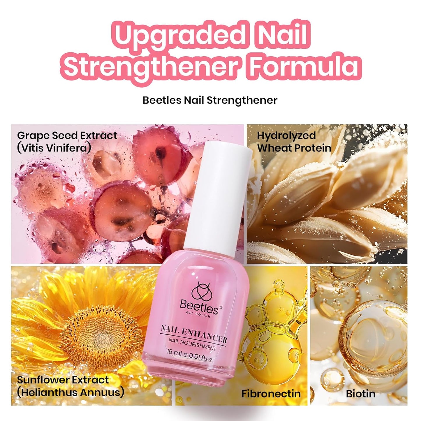 Beetles Nail Strengthener - Air Dry Pink Neutral Nail Polish for Thin Nails | Growth Treatment