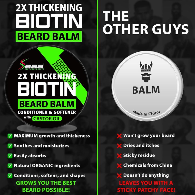 Biotin Beard Balm for Men - Organic Thickening Mustache Wax with Castor Oil | Hydrating Facial Hair Growth Conditioner