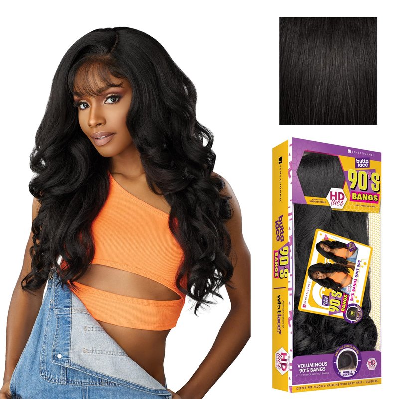 Sensationnel Butta Lace 90Sbangs Wigs - Unit 906 Glueless Wide Deep Part Synthetic Preplucked Hairline (1B OFFBLACK)