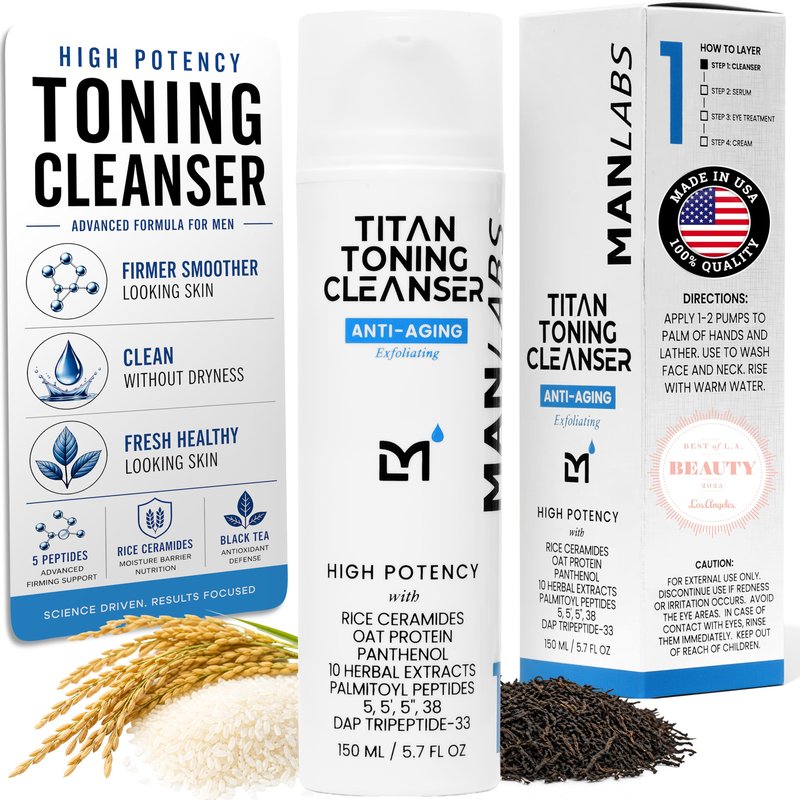Man Labs Titan Anti-Aging Mens Face Wash – For Men, Cleanse, Hydrate, Revitalize – Gentle Exfoliating Face Cleanser – Men, Skin Care – Herbal Extracts, Ceramides, Peptides, All Skin Types – Unscented