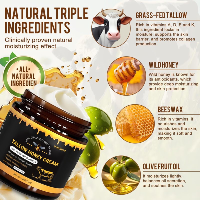 Tallow Face Moisturizer(4.2 oz) - 100% Grass - Fed Beef Tallow Blended with Organic Beeswax and Honey Balm - Tallow and Honey Balm - Deep Wrinkle-Fighting Moisturize,Suitable for All Skin Types