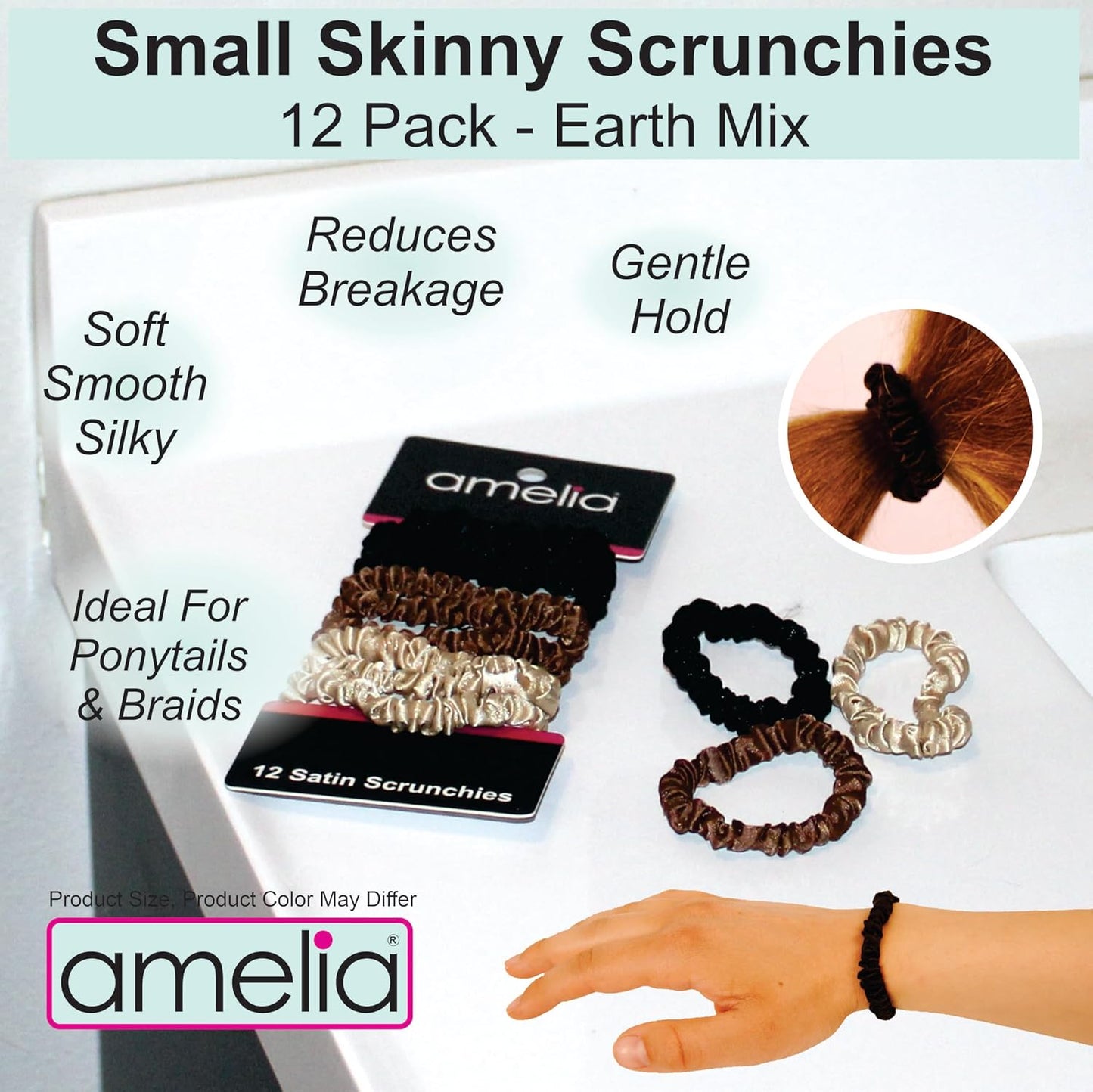 Amelia Beauty, Black, Skinny Satin Scrunchies, 12 Pack – 2in Diameter, Gentle & Strong Hold, No-Snag, No-Dent, Crease-Free Hair Ties