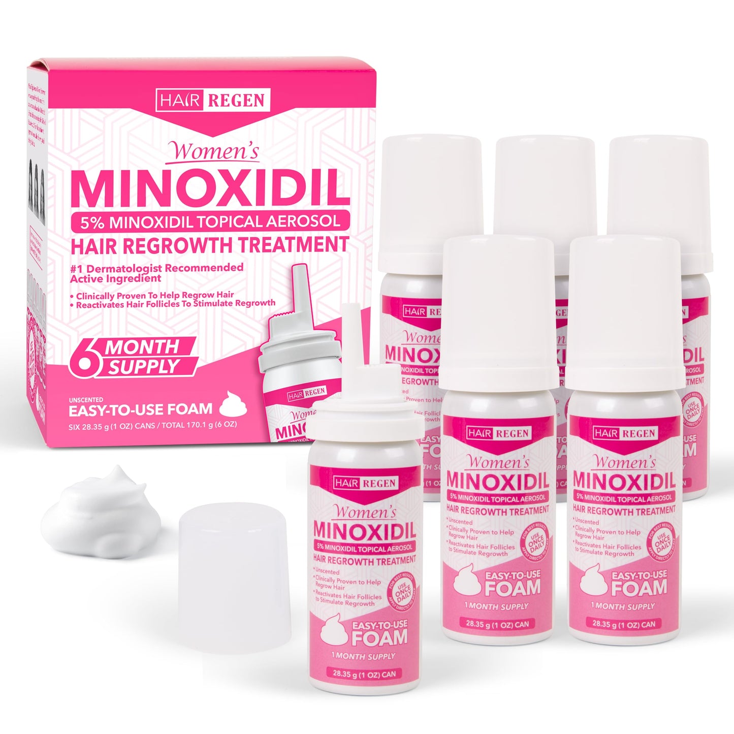 Hair Regen Minoxidil Foam for Women 5% Percent - Women's Hair Growth Treatment for Her - Topical Foaming Minoxidil for Women - Great for Hair Regrowth and Reduce Hair Loss - 6 Pack as 6 Month Supply