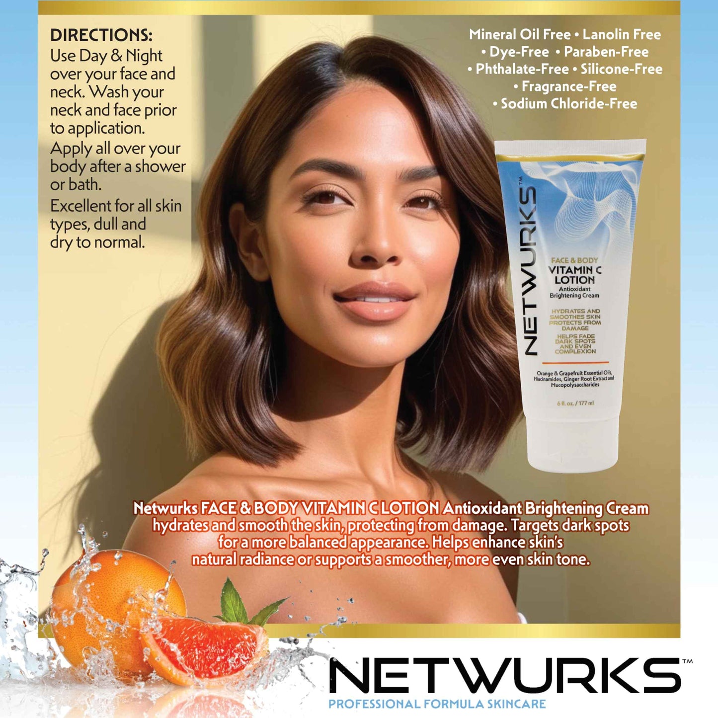 NetWurks Vitamin C Lotion, Antioxident Cream for Face & Body, Smoothes & Hydrates Skin, Helps Reduce Blemishes, Fine Lines, & Wrinkles, 6 Fl Oz
