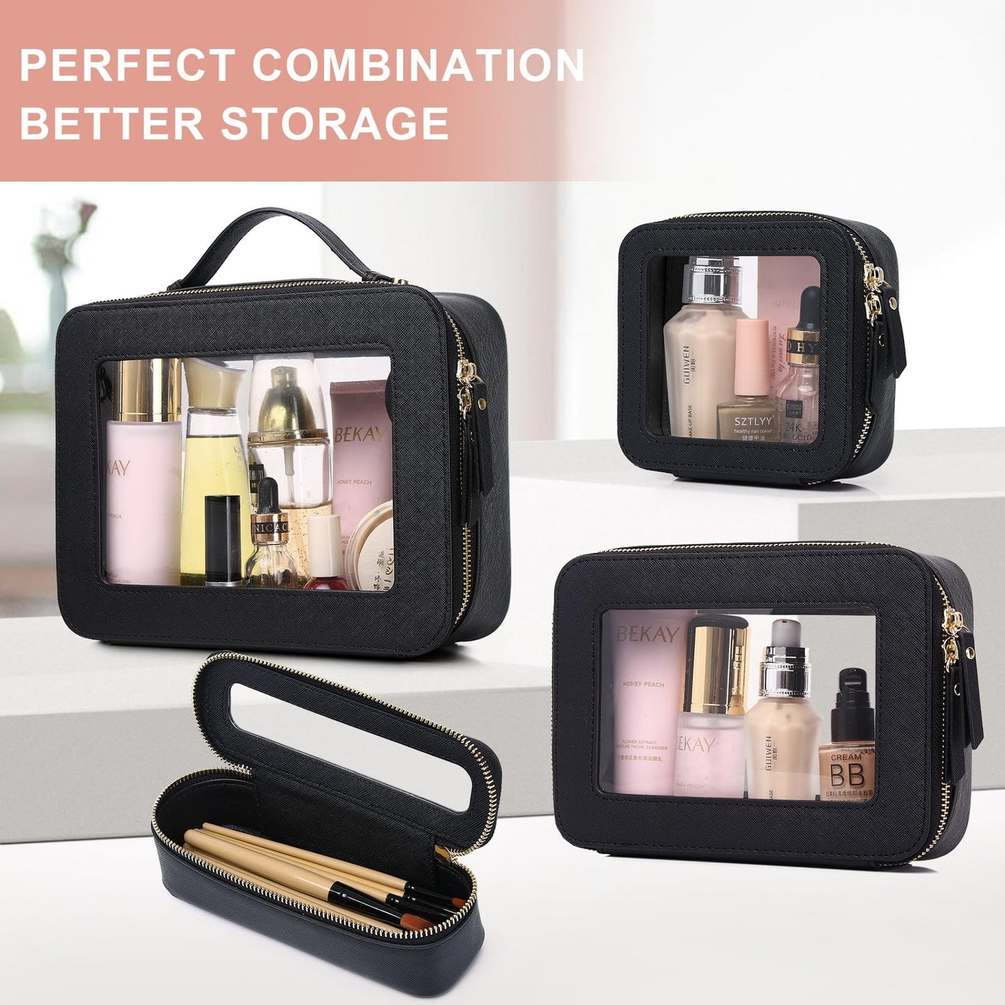 Pinkmik Clear Makeup Bag for Women Waterproof Travel Cosmetics and Toiletries Case Portable Makeup Oaganizer Bag Clear Car Bag with Zipper (Black, M+L)