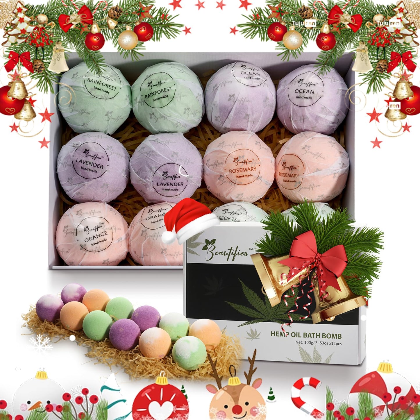 Beautifier Life Hemp Oil Bath Bombs Gift Set Natural Refreshing Bubble Bath Kit with 6 Relaxing Scents Made from Pure Essential Oil for Bubble and Spa Bath, Birthday Mother's Valentine's Day Gifts