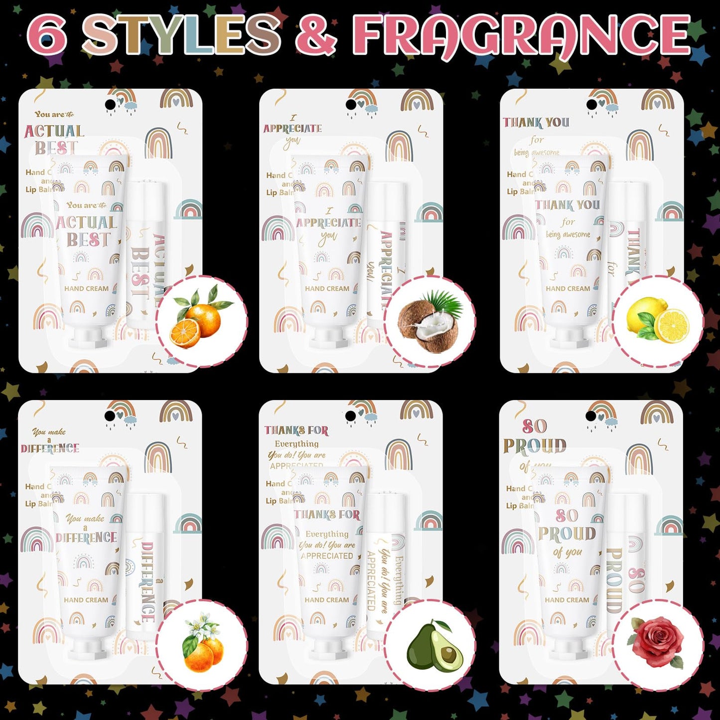 Loopeer 24 Set/ 48 Pcs End of Year Teacher Employee Appreciation Gift Bulk Boho Rainbow Lip Balm Hand Cream Lotion Set Small Staff Team Thank You Gifts Party Favors for Women Employee Coworker