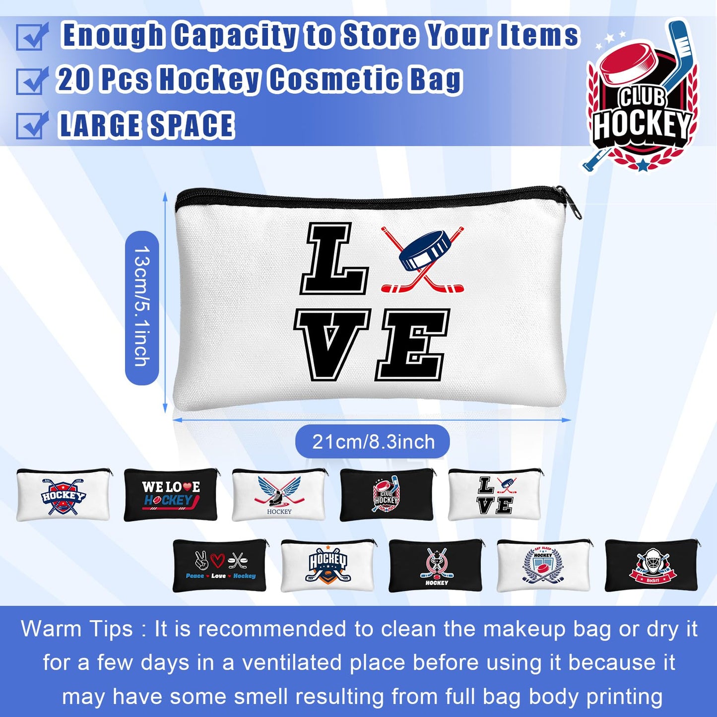 Clysee 20 Pcs Hockey Gifts Inspirational Makeup Bag for Ice Hockey Lovers Team Players Cosmetic Bags Gifts for Mom Women Travel Pouch Athletics Birthday