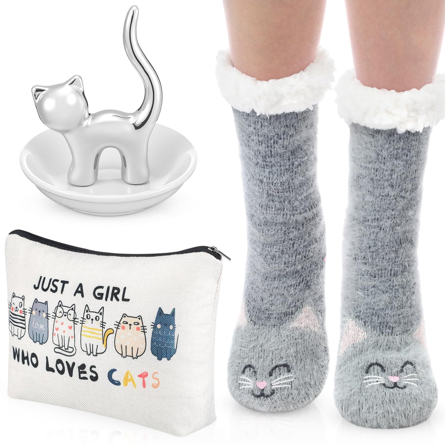 Newtay 3 Pcs Valentines Day Gifts for Women, Ring Holder Makeup Bag Fuzzy Socks with Grippers, Cute Gifts for Holiday