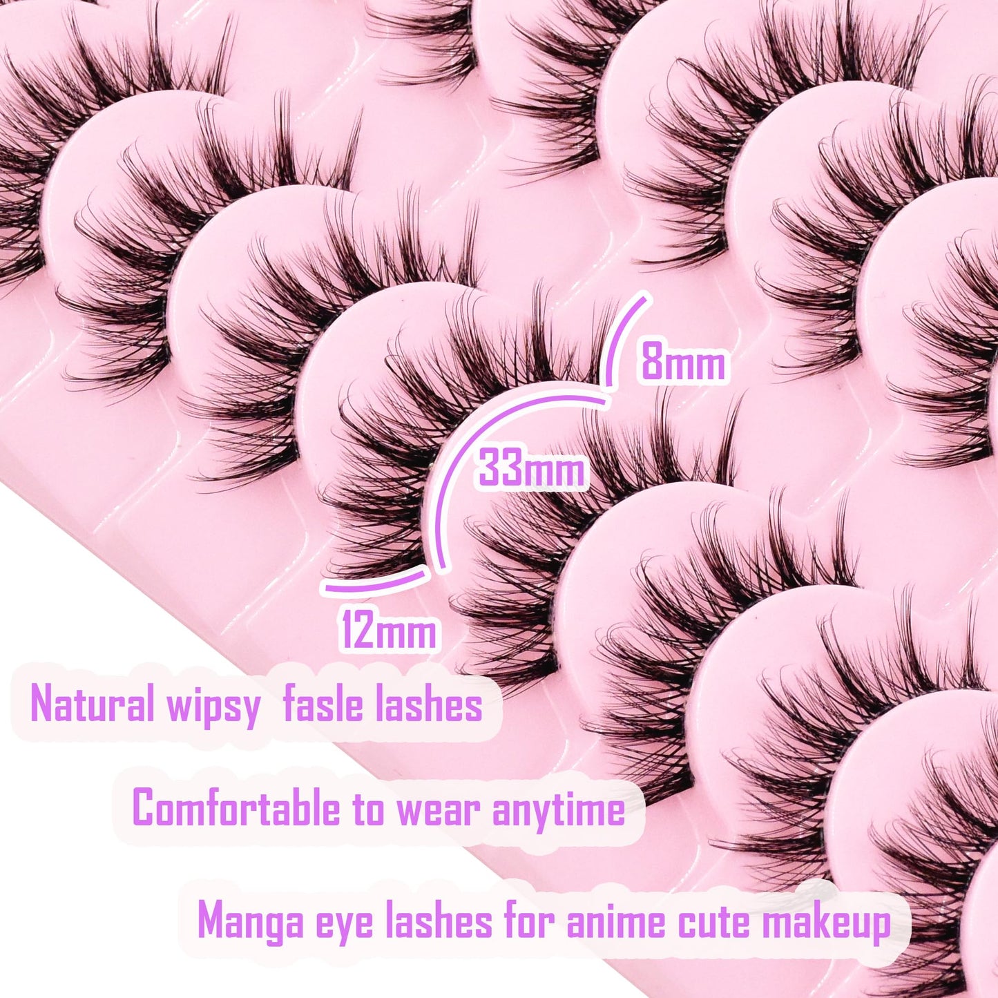 AUGENLI 12mm Manga Natural Look False Eyelashes, Reusable Strip Wispy Lashes, Including 10 Pairs Of Eye Lashes, Easy to Apply Doll Makeup (SD18)