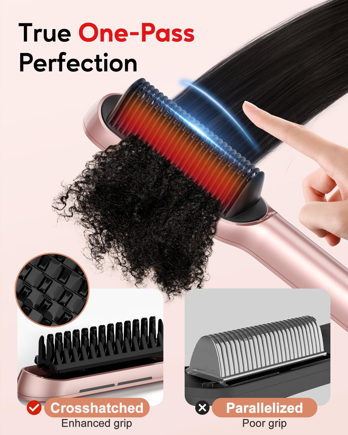 Terviiix Hair Straightener Brush Rose Gold - Ionic Anti-Frizz Hair Straightening Comb with MCH Heater, 13 Heat Settings, Fast Heating 20S, Dual Voltage, for Smooth & Shiny Hair