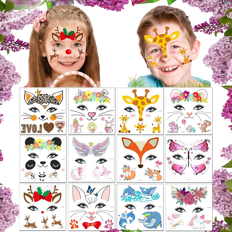 Animal Face Tattoos Stickers Fake Temporary Tattoo 12 Sheets Water Transfer Birthday Party Supplies Festival Favors Makeup Skin Decor