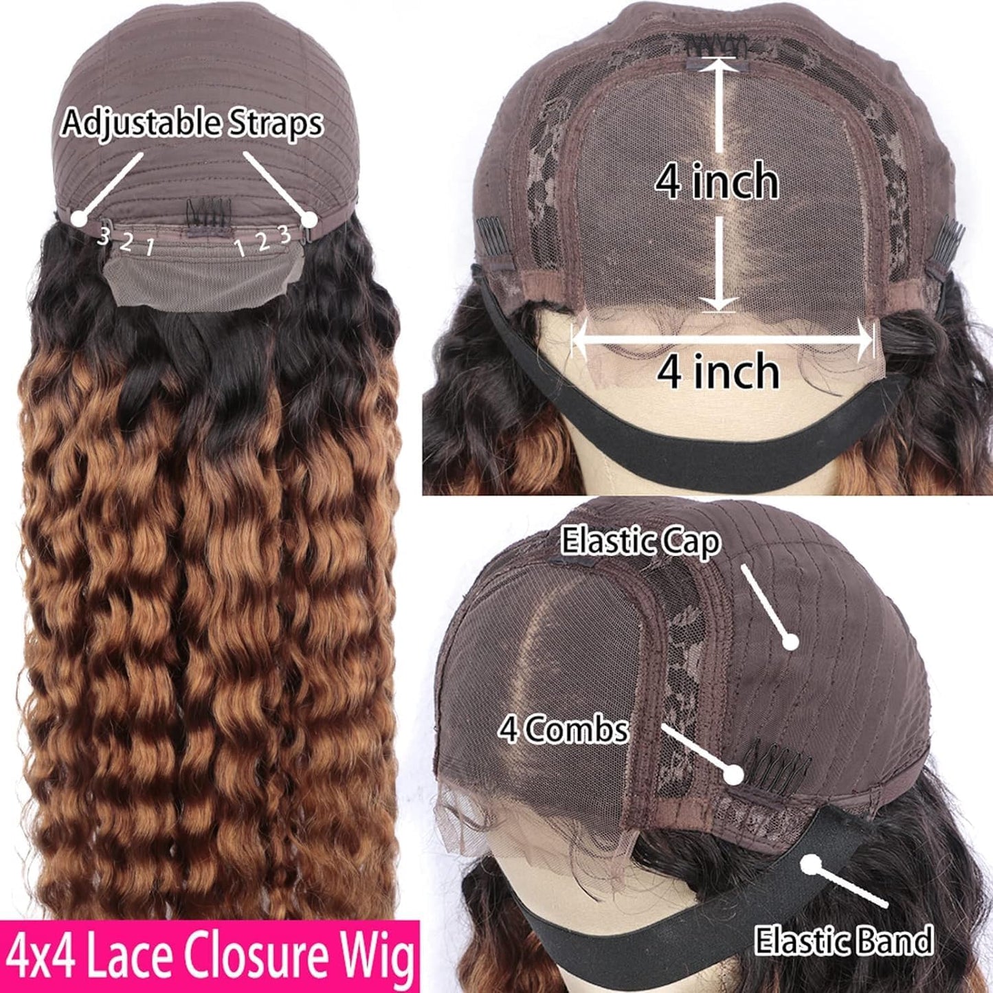 Labamiya Highlight Deep Wave Human Hair Wig 4x1 T Closure Glueless Wigs Human Hair Pre Plucked Pre Cut Lace Closure Glueless Wigs Elastic Band 200% Density P4/30 Honey Blonde Color
