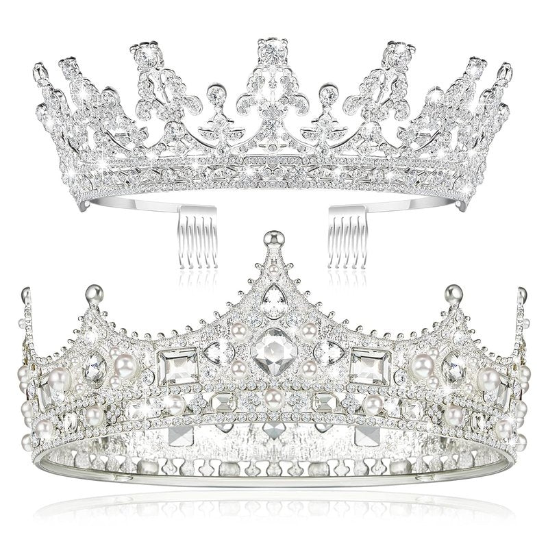 Silver Tiara Crowns Set for Prom King & Queen | 2 Pcs Birthday, Wedding, Graduation Hair Accessories