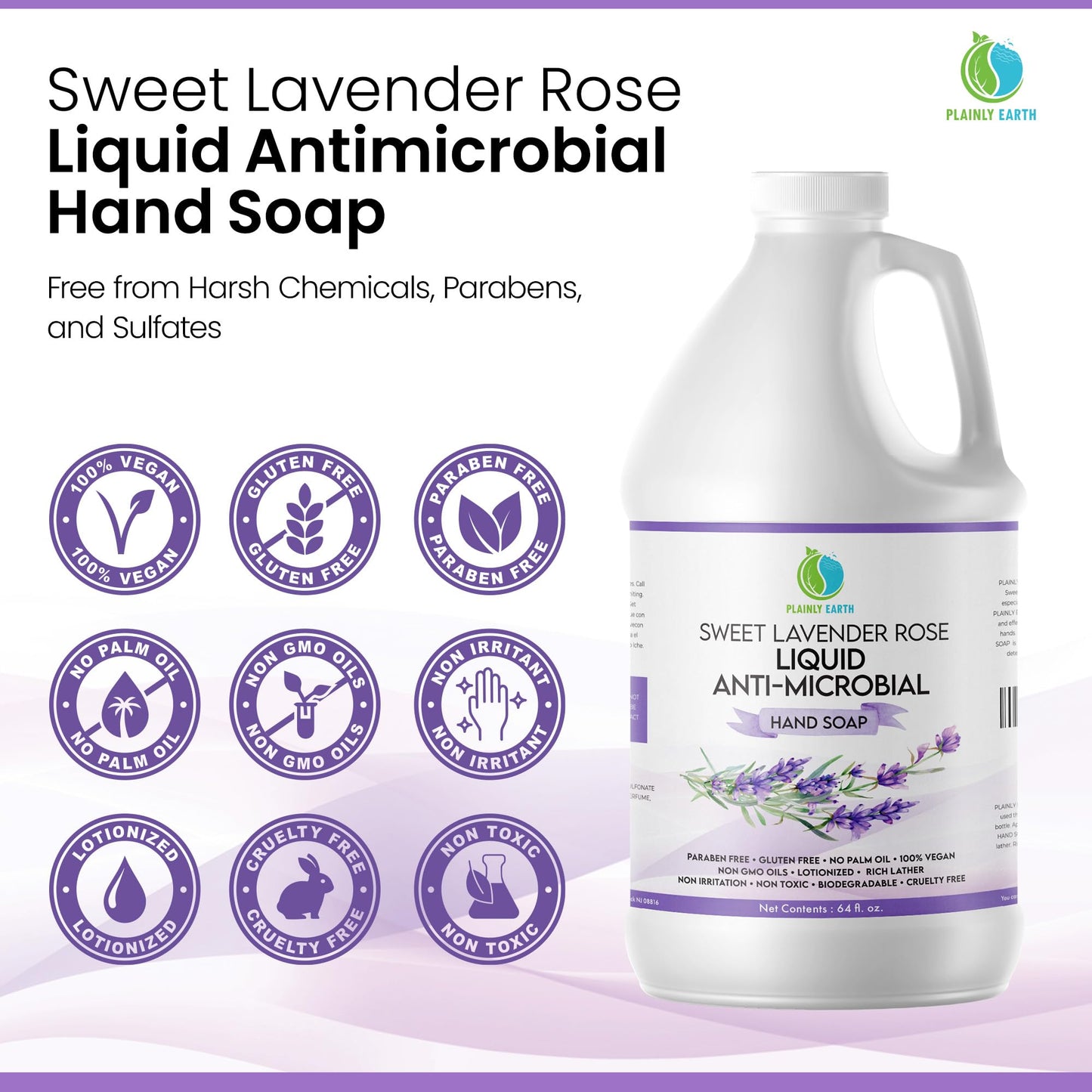 Plainly Earth AntiMicrobial Hand Soap 64 oz - Soft and Gentle Sweet Lavender Rose Antibacterial Hand Wash Soap, Long Lasting Freshness & Safe for Skin - Eco Friendly Bulk Refill Packaging