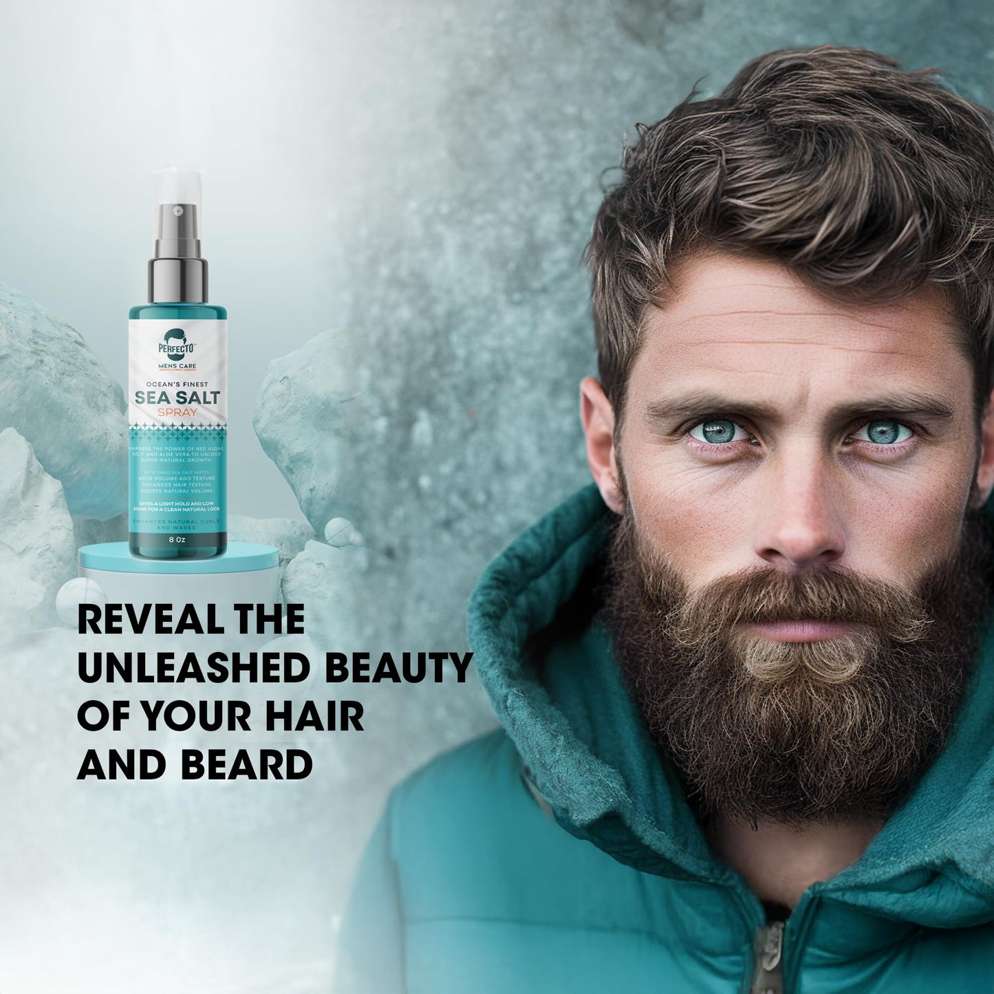 Perfecto Sea Salt Spray for Men – Hair Texturizing Spray with Kelp, Aloe Vera & Red Algae | Adds Volume, Texture & Beach Waves | Natural Light Hold | For Men & Women | 8 fl oz