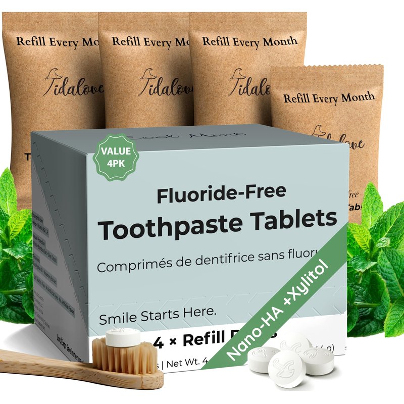 Tidalove Cool Mint Fluoride-Free Toothpaste Tablets with Nano Hydroxyapatite | Natural Whitening, Enamel Strengthening, Plastic-Free & Travel-Friendly (4 Month Refill)
