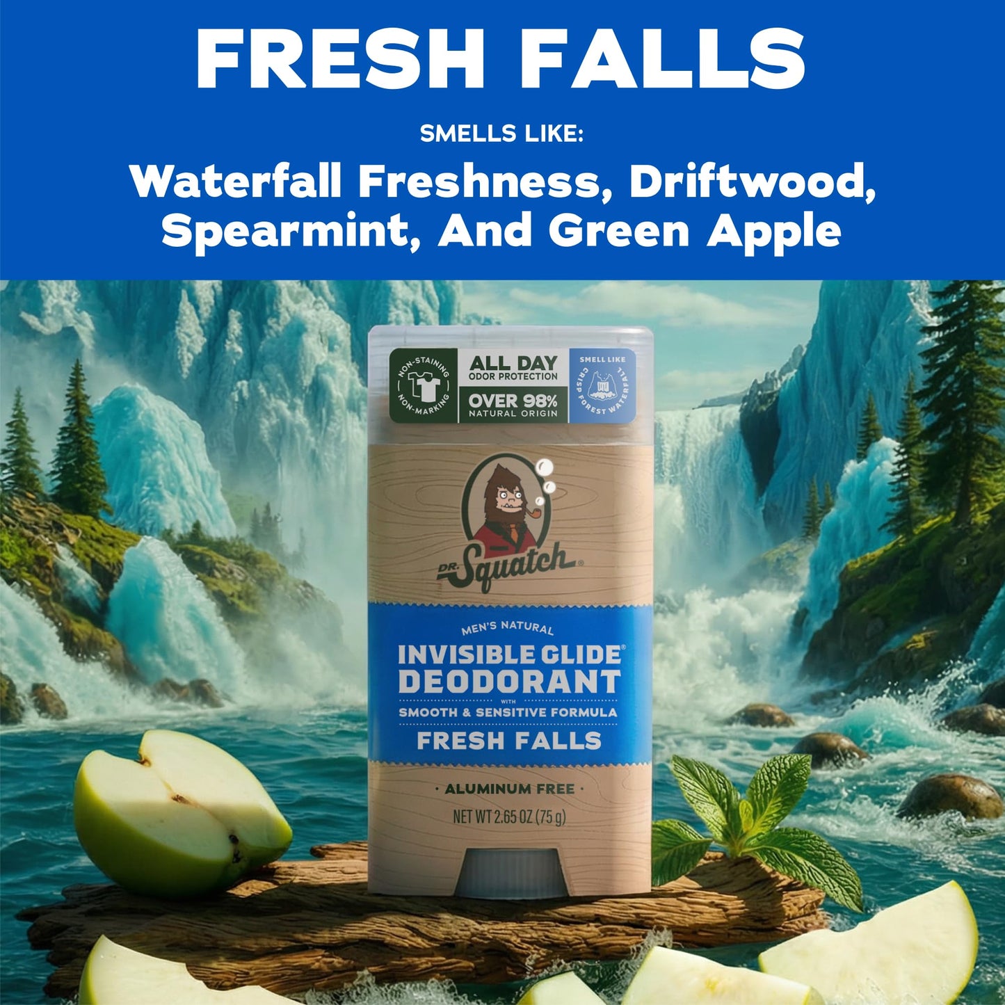 Dr. Squatch Invisible Glide Natural Men’s Deodorant – Smooth Glide, No Stains – Aluminum Free Deodorant Men – Safe for Sensitive Skin – Fresh Falls, 2.65oz (2-Pack)
