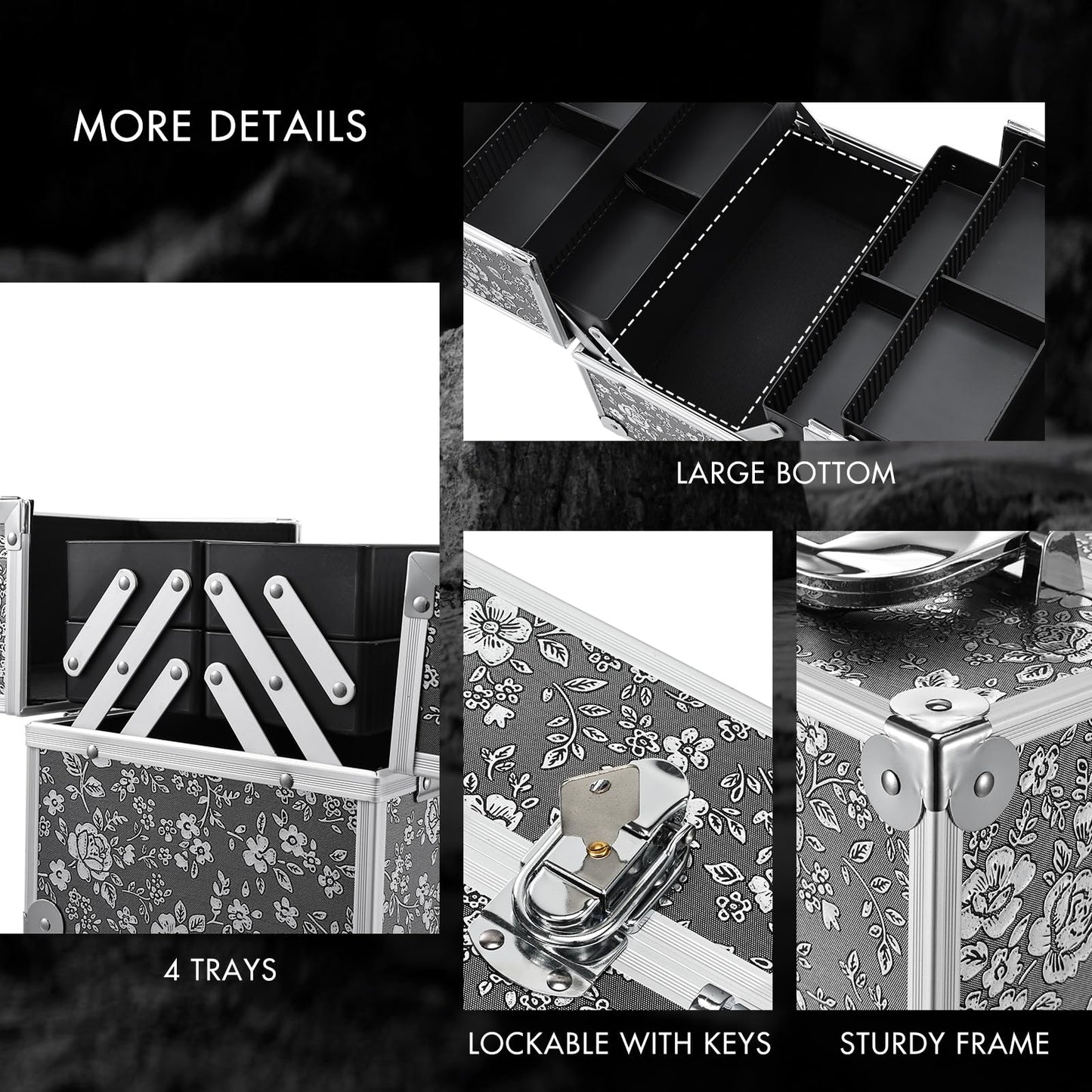 Frenessa Makeup Case Makeup Box Cosmetic Organizer Case Portable Make Up Travel Case Storage Box 4 Trays with Dividers Lockable Hard Train Case Nail Tech Supply Storag Silver Floral