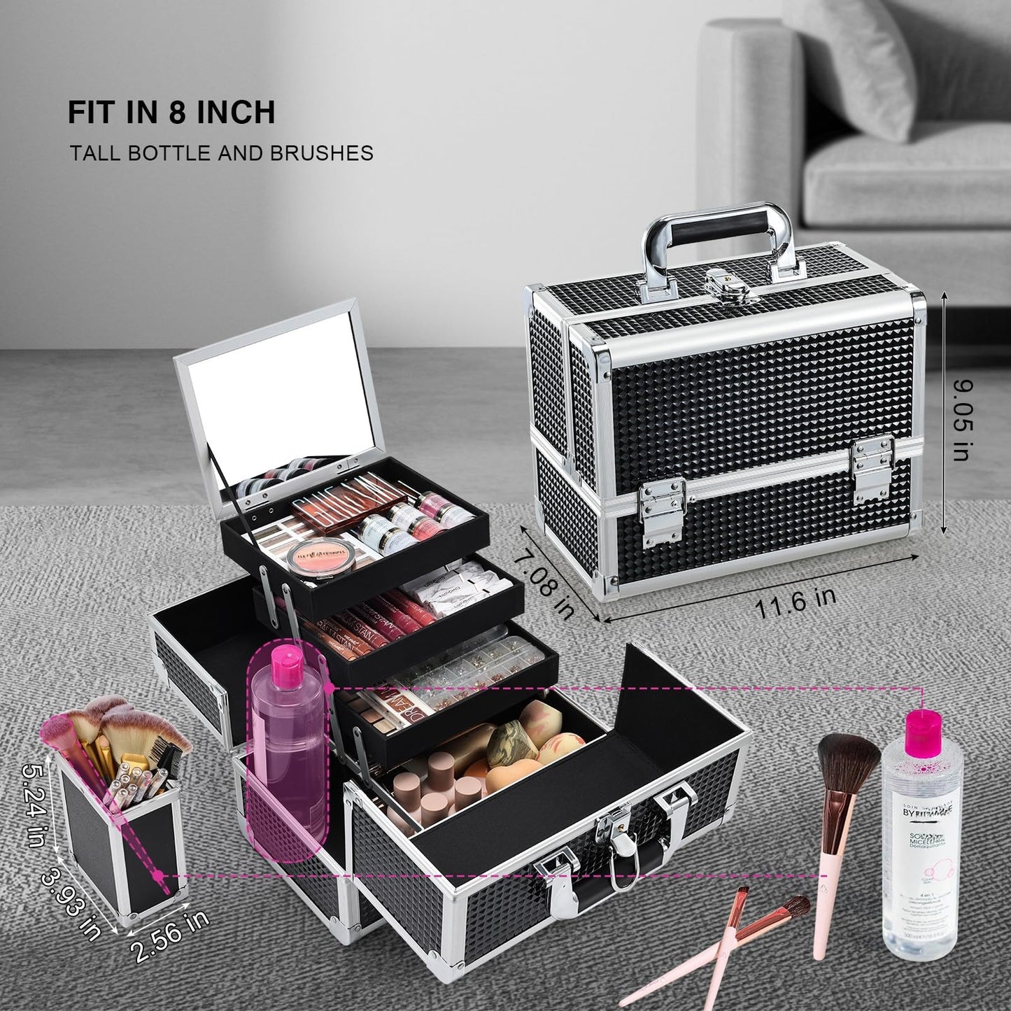 Joligrace Makeup Train Case Cosmetic Box 11.6 Inch Jewelry Organizer Professional 3 Tiers Trays with Mirror and Brush Holder Lockable Key Portable Travel - Rose Gold