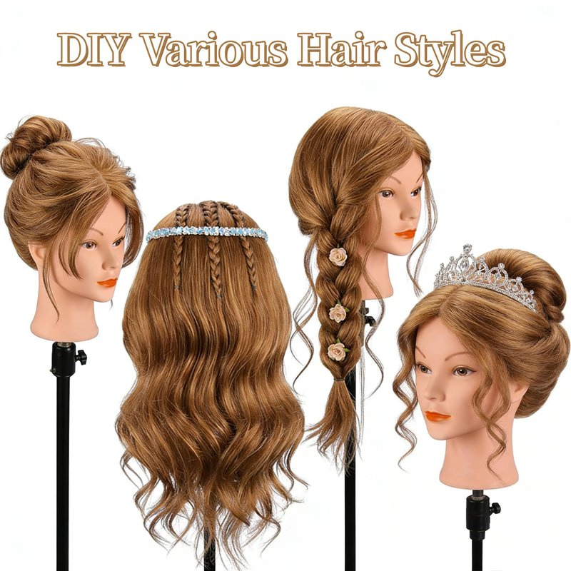 Mannequin Head with 100% Human Hair, MYSWEETY Doll Head for Hair Styling, Manikin Head Cosmetology Makeup Hairdressing Training Head with Clamp Holder and Tools(18" Brown, Makeup)