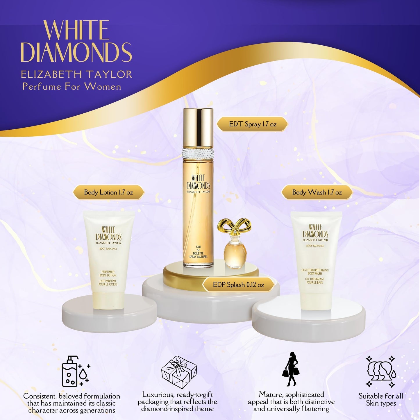 Elizabeth Taylor White Diamonds Ladies Gift Set With Spray, Body Lotion, Body Wash & Perfume