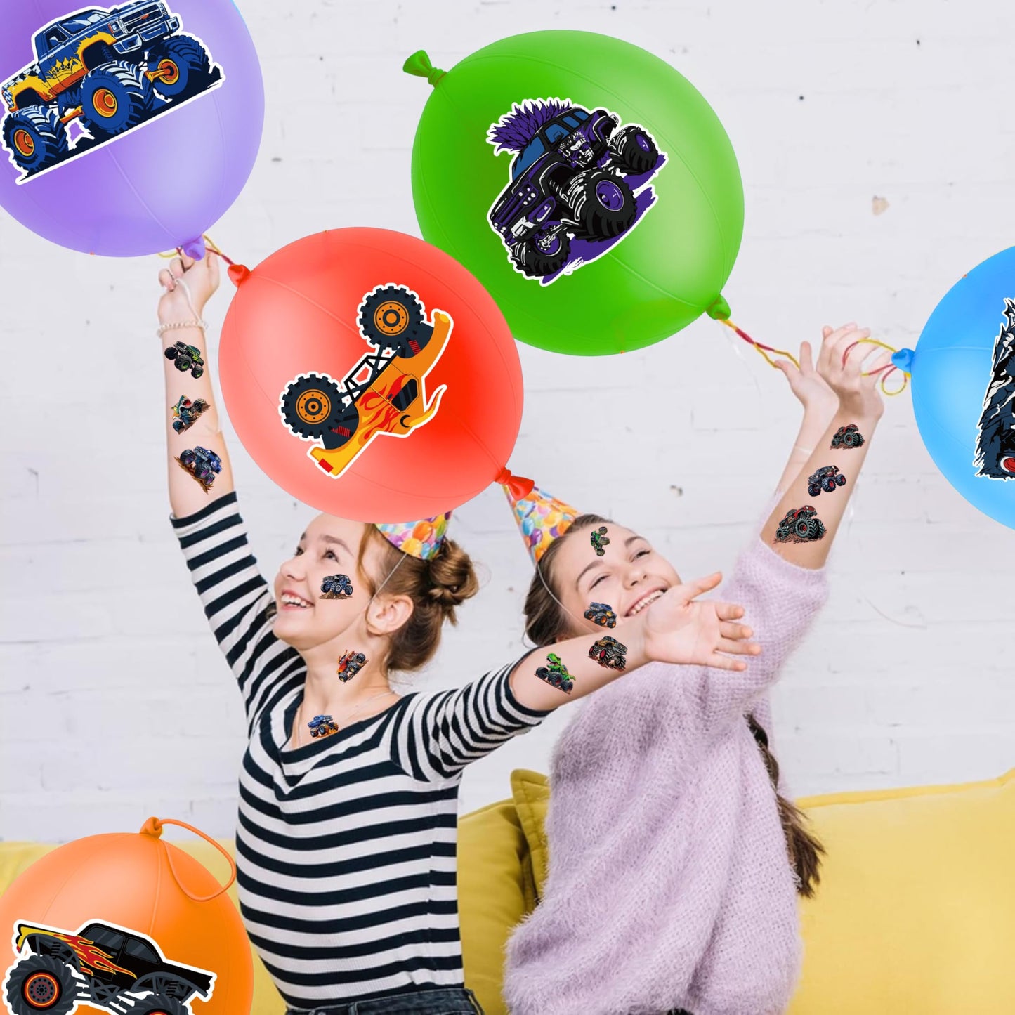 72 PCS Monster Truck Party Favors – 48 Pre-Cut Temporary Tattoos & 24 Punch Balloons Themed Birthday Party Decorations Supplies Favors Gifts Goodie Bag Fillers Classroom Rewards for Boys Girls